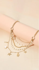 Starfish Shell Pearl Metal Ball Layered Necklace - Gold